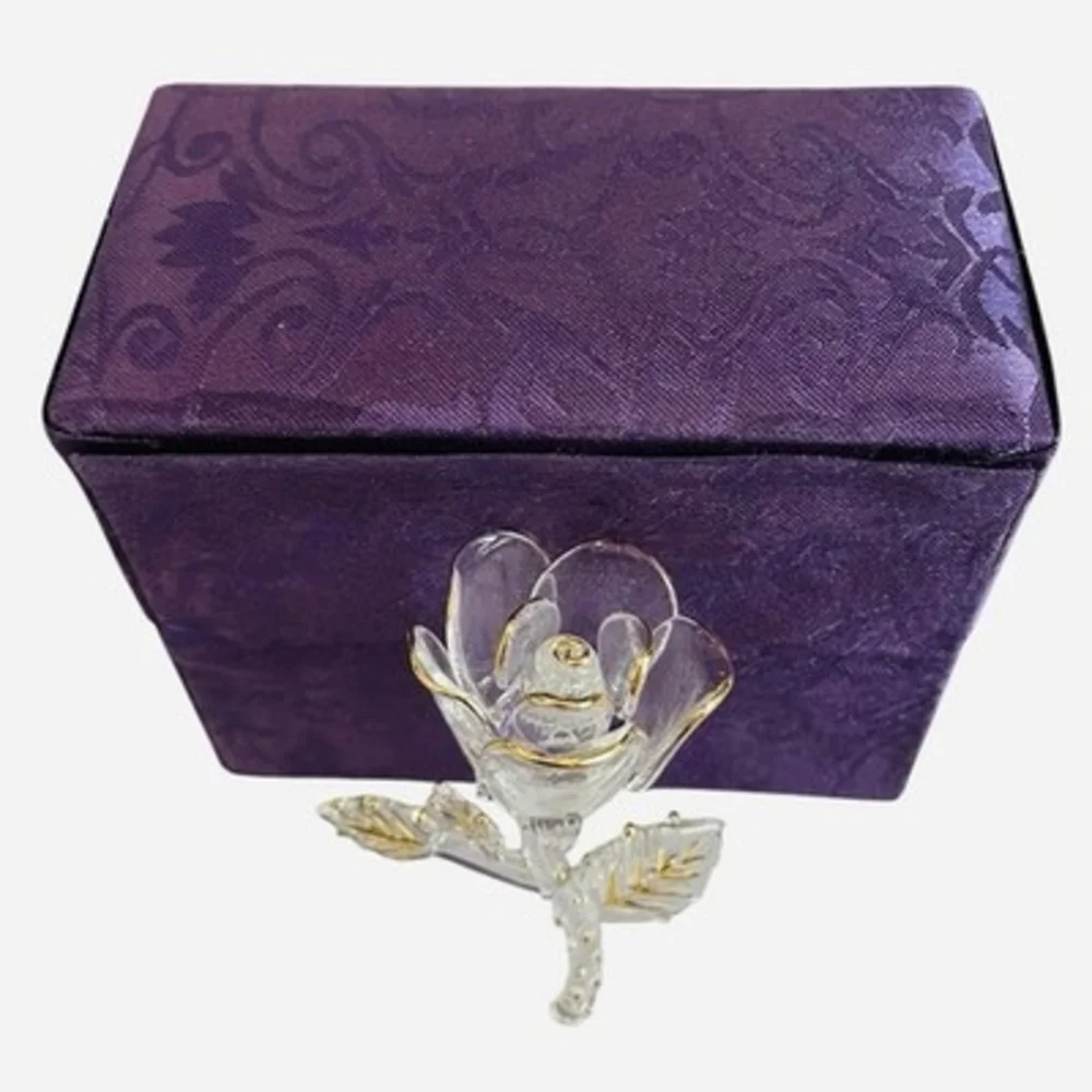 Elegant Clear Glass Rose Figurine Gold Leaf Accents Purple Velvet Gift Box VG